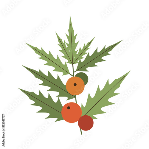 Stylized holly branch artwork portraying vibrant leaves and berries for festive occasions