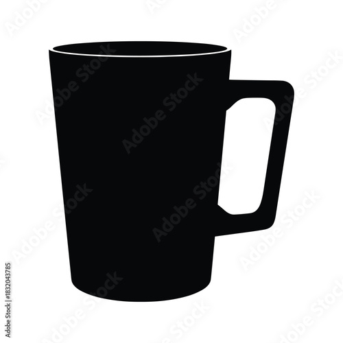 Black silhouette of a tall mug with a handle on a white background isolated