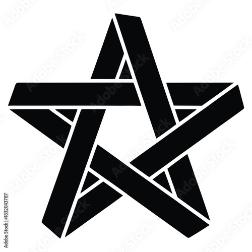 Black impossible pentagram shape, an optical illusion star symbol representing magic, occult, and esoteric concept isolated on white background