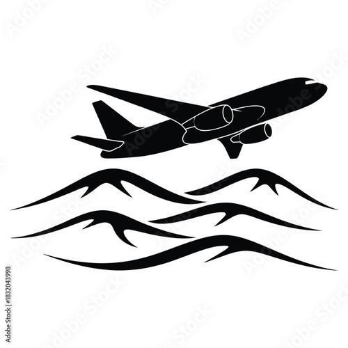Black silhouette of a modern passenger airplane taking off above stylized tribal wave or mountain shapes isolated on white background