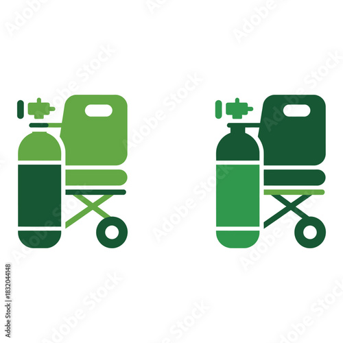 Two green oxygen tanks on wheeled carts