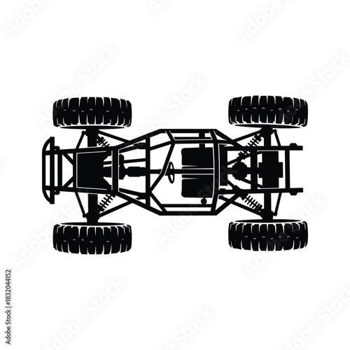 Black silhouette of off road buggy chassis and wheels viewed from above frame roll cage