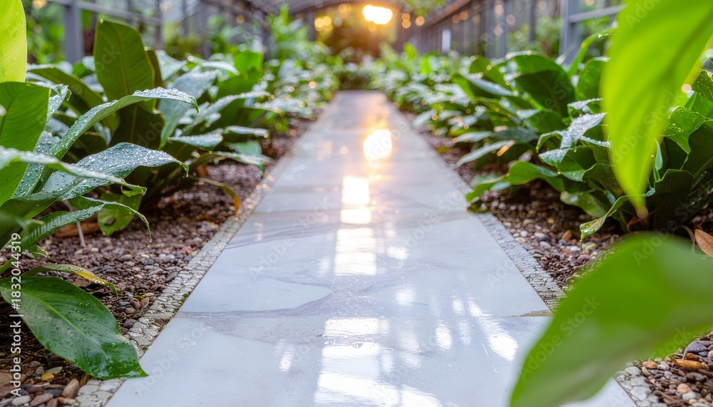 Naklejka premium Luminous, hyper-realistic botanical glass garden path at sunrise with exotic plants and sun reflecting on marble tiles