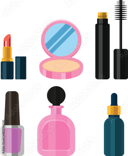 Stylish set of cosmetic and beauty essentials for daily routine, featuring makeup, perfume, and skincare products illustrated in a modern flat design