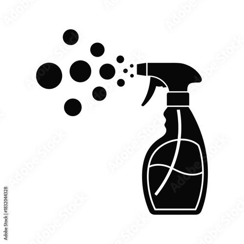 Black spray bottle dispensing liquid droplets and bubbles cleaning
