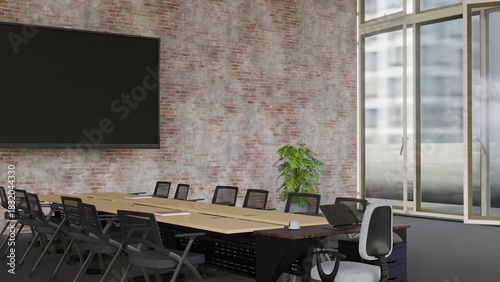 A meeting room whole image background of a modern office created by 3D modeling.
