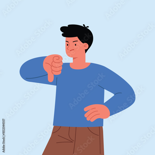 Young man disappointed dissatisfied upset sad showing thumb down dislike gesture. Vector illustration in a flat style