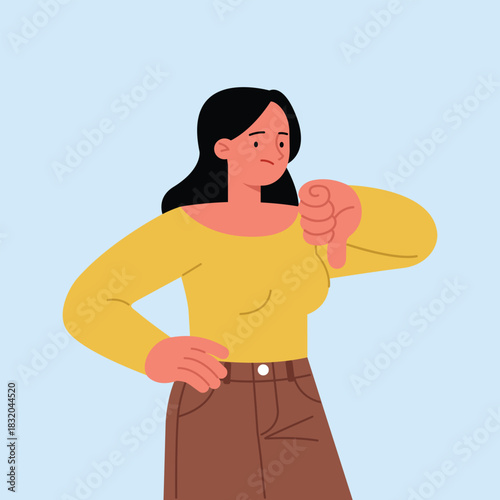 Young woman disappointed dissatisfied upset sad showing thumb down dislike gesture. Vector illustration in a flat style