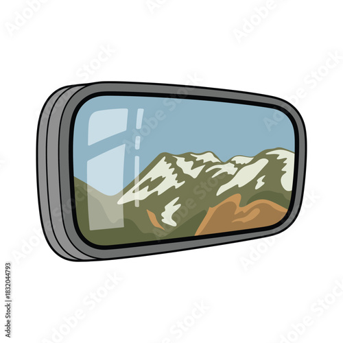 Car side mirror reflecting snowy mountain range during winter road trip, capturing scenic frozen peaks, icy landscapes, cold weather travel vibes