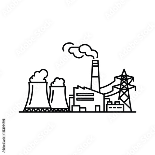 Industrial Power Plant and Factory with Cooling Towers and Electricity Pylon Line Icon