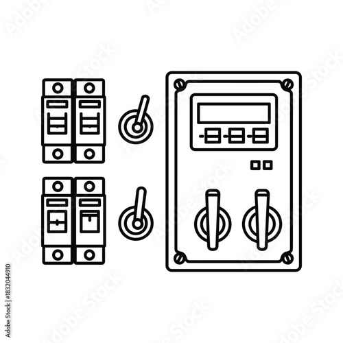 Electrical Control Panel and Circuit Breakers Line Art