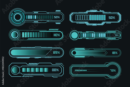 Futuristic Neon HUD Loading Bar UI Set – High-Tech Cyber Interface Elements with Glowing Blue Progress Indicators, Sci-Fi Dashboard Bars, Digital Percentage Meters, and Modern Tech Display Components