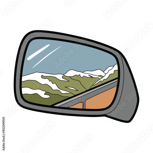 Car side mirror reflecting snowy mountain range during winter road trip, capturing scenic frozen peaks, icy landscapes, cold weather travel vibes