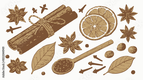 Christmas still life illustration of cinnamon sticks orange slices and assorted spices in brown