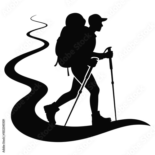 Silhouette of a hiker with a large backpack walking uphill on a winding path, isolated on white background