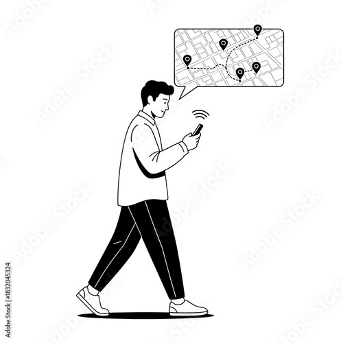 Man walks with smartphone, navigating city map route with location pins, technology use.