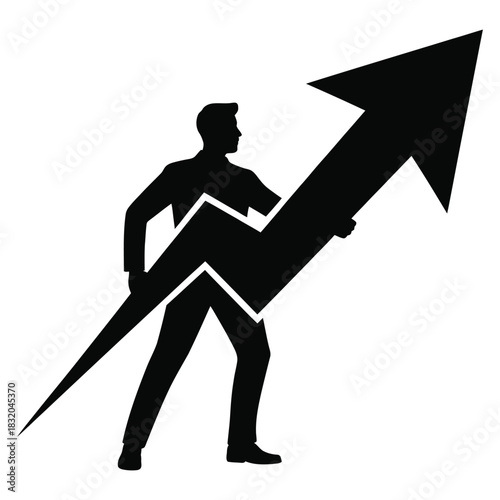 Silhouette of businessman holding a large upward trending arrow symbolizing growth and success isolated on white background