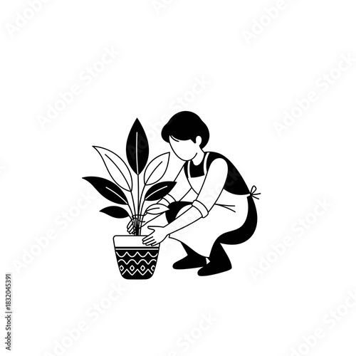 Gardener in apron tending to a potted houseplant, nurturing green nature at home