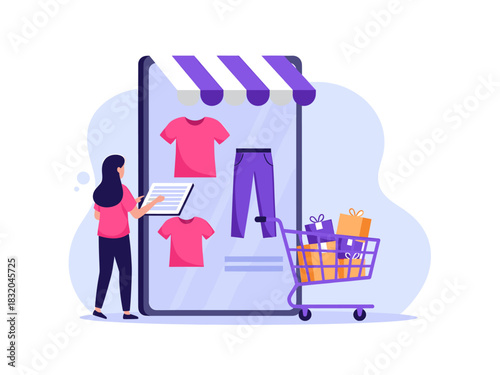 Woman shops online with smartphone app, buying clothes and gifts in shopping cart