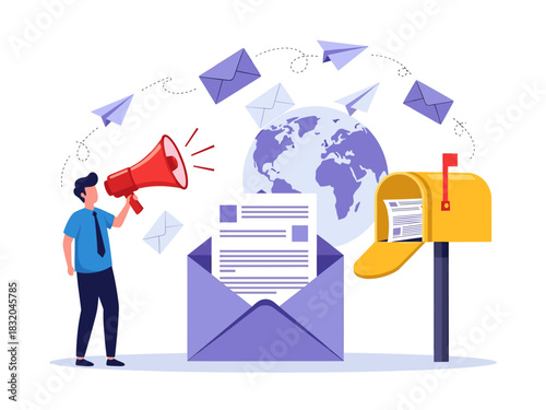 Global outreach and digital communication strategy illustration with megaphone and email