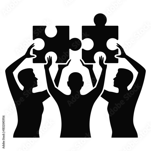 Three silhouette people working together to connect two large puzzle piece shapes isolated on white background