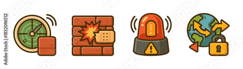 Threat detection cartoon icons set, firewall breach alarm and global protection