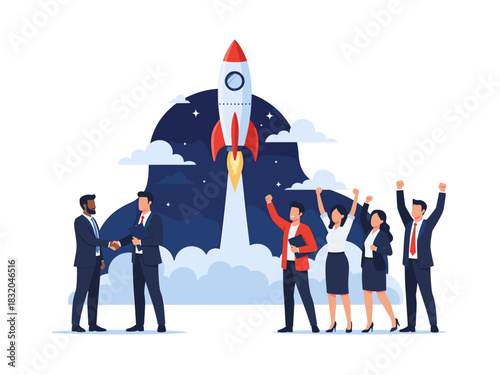 Startup business launch, partnership, and team celebrating successful project.