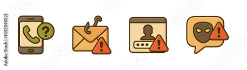 Scam call and phishing cartoon icons set, credential theft and fraud alerts