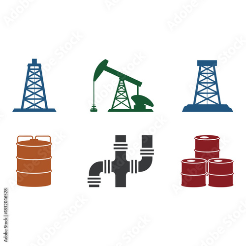 Oil industry icons featuring rigs pumps tanks and pipes