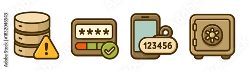 Data protection cartoon icons set, password strength and OTP vault