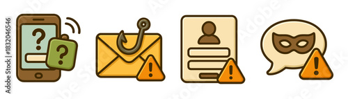 Phishing awareness cartoon icons set, fake logins and social engineering