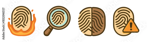 Fingerprint analysis cartoon icons set, forensic checks and fraud alerts
