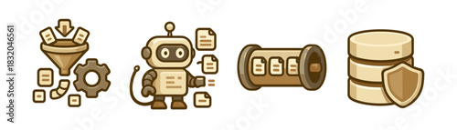 Data pipeline cartoon icons set, automation and secure storage