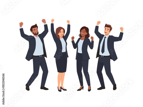Diverse business team celebrating success with raised fists in victorious pose