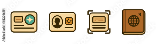 Identity documents cartoon icons set, id cards scanning and passport