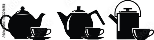 Silhouette Comparison of Three Distinct Teapot and Teacup Designs Showcasing Classic, Angular, and Cylindrical Styles with Matching Accessories