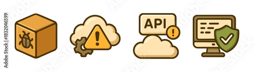 Application and cloud security cartoon icons set, API risks and scans