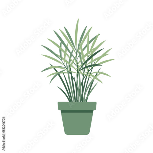 Stylized palm frond illustration in a simple pot against white background conveying peacefulness