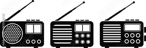 Vintage Radio Icon Set Featuring Retro Designs, Speaker Grills, Antennas, and Control Panels for UI, Branding, and Educational Use