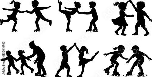 Set of Six Child Skater Silhouettes in Clean Black and White. Figure skating, silhouettes, kids, minimal, sport