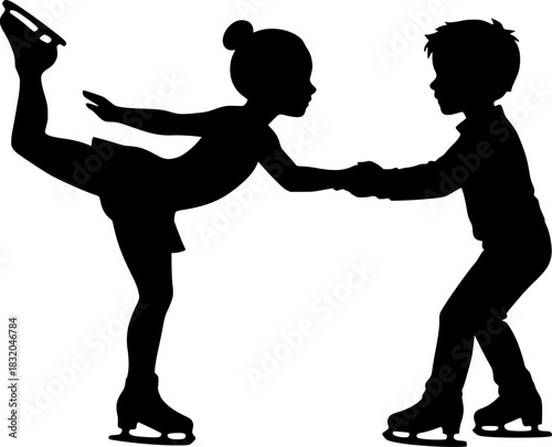 Child Skater Helping Partner Spin Silhouette. Figure skating, kids, teamwork, beginner, black and white vector