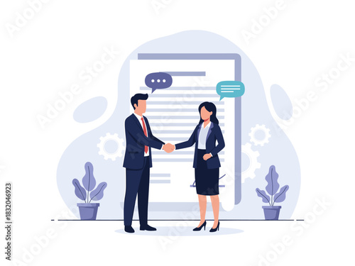 Business professionals shaking hands, symbolizing successful partnership and agreement.