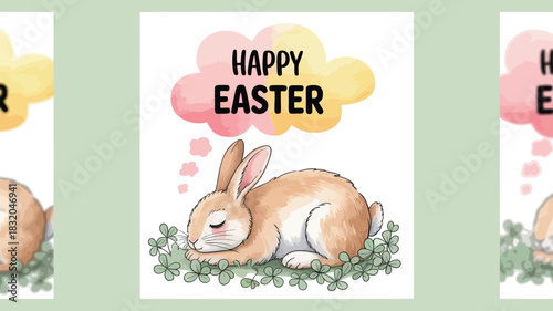 Cute sleeping bunny rabbit dreaming of happy easter surrounded by clover and colorful clouds