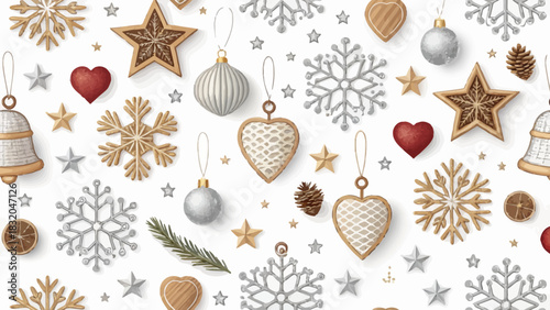 Christmas a festive arrangement of christmas ornaments including stars snowflakes and hearts spread out