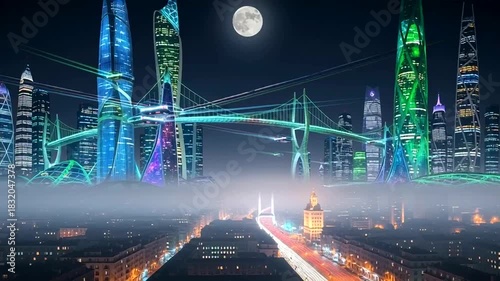 Futuristic neon-lit cityscape with vibrant skyscrapers and illuminated bridges at night