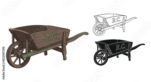 Vintage wooden wheelbarrow illustration garden tool clipart