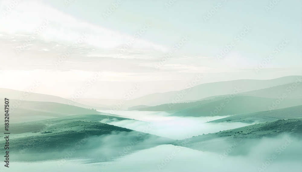 Obraz premium Eucalyptus-green landscape of rolling hills and valley mist, minimal gradient composition, soft morning light, tranquil nature illustration