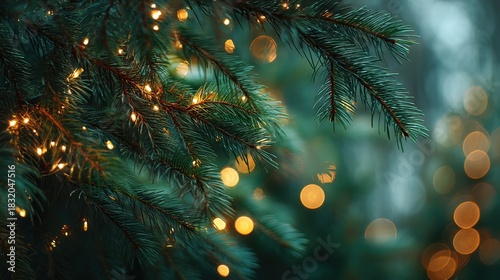 Evergreen fir branch with soft golden lights creating cozy winter and festive nature background