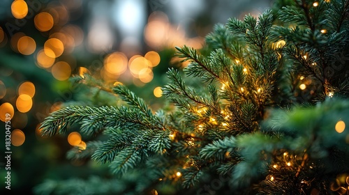 Close-up evergreen pine tree needles with warm glowing decorative lights for festive nature backgrounds