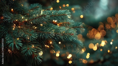 Green pine branches with decorative warm lights and textured evergreen foliage suitable for winter nature backgrounds